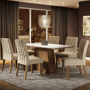 Conjunto Sala de Jantar  Rafaela Mesa Tampo de Vidro com 6 Cadeiras - Rustic/Branco/Imperial