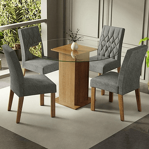 Conjunto Sala de Jantar Mesa Tampo de Vidro Redondo 4 Cadeiras Rustic/silver Irene 