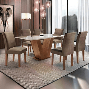 Conjunto Sala de Jantar Mesa Tampo de Vidro 6 Cadeiras Espanha Espresso Móveis Chocolate