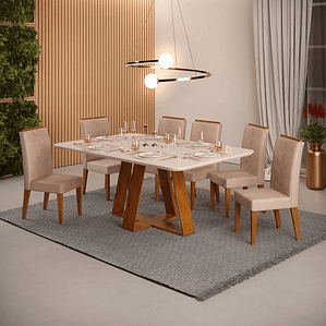 Conjunto Sala de Jantar Mesa Tampo Vidro 6 Cadeiras Dj Móveis Freijó Kiara Kraft Yasmin