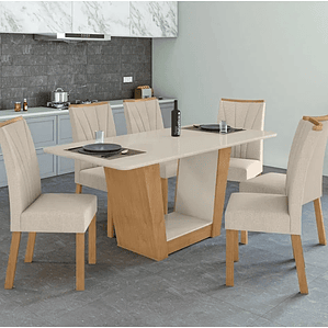 Conjunto Sala de Jantar Mesa com Tampo de Vidro 170cm e 6 Cadeiras Apogeu Móveis Lopas Rovere Naturale/off White/linho Rinzai Bege