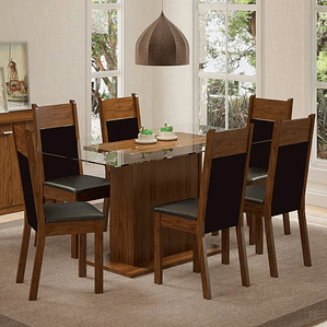 Conjunto Sala de Jantar  Atlanta Mesa Tampo de Vidro com 6 Cadeiras - Rustic/Preto/SintPreto