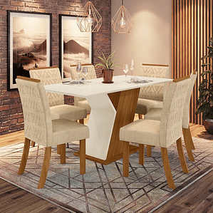 Conjunto Sala de Jantar Mesa 160 Cm Tampo MDF com Vidro 6 Cadeiras Juanita Casa 812