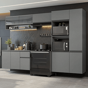 Armário de Cozinha Completa Suspenso 300cm Cinza Nice 07