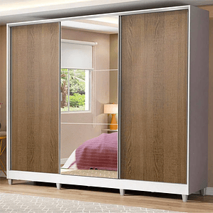 Guarda Roupa Casal 100% MDF  Royale 3 Portas de Correr com Espelho com Pés - Branco/Rustic