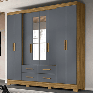 Guarda-Roupa Casal Com Espelhos 8 Portas 4 Gavetas E Pés San Lorenzo Plus Freijó/Cinza