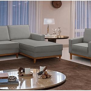 Kit Sofá 3 Lugares 2,10m com Chaise e 2 Poltronas Living Lavinia Linho Cinza Adonai Estofados