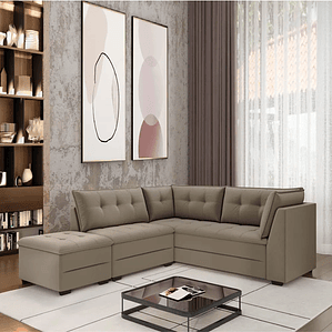 Sofá de Canto com Puff Monte do Seu Jeito Benfica Veludo