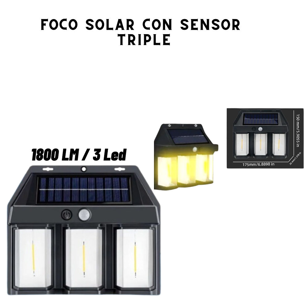 Foco Solar Triple Tipo Farol Con Sensor de Movimiento Luz Cálida