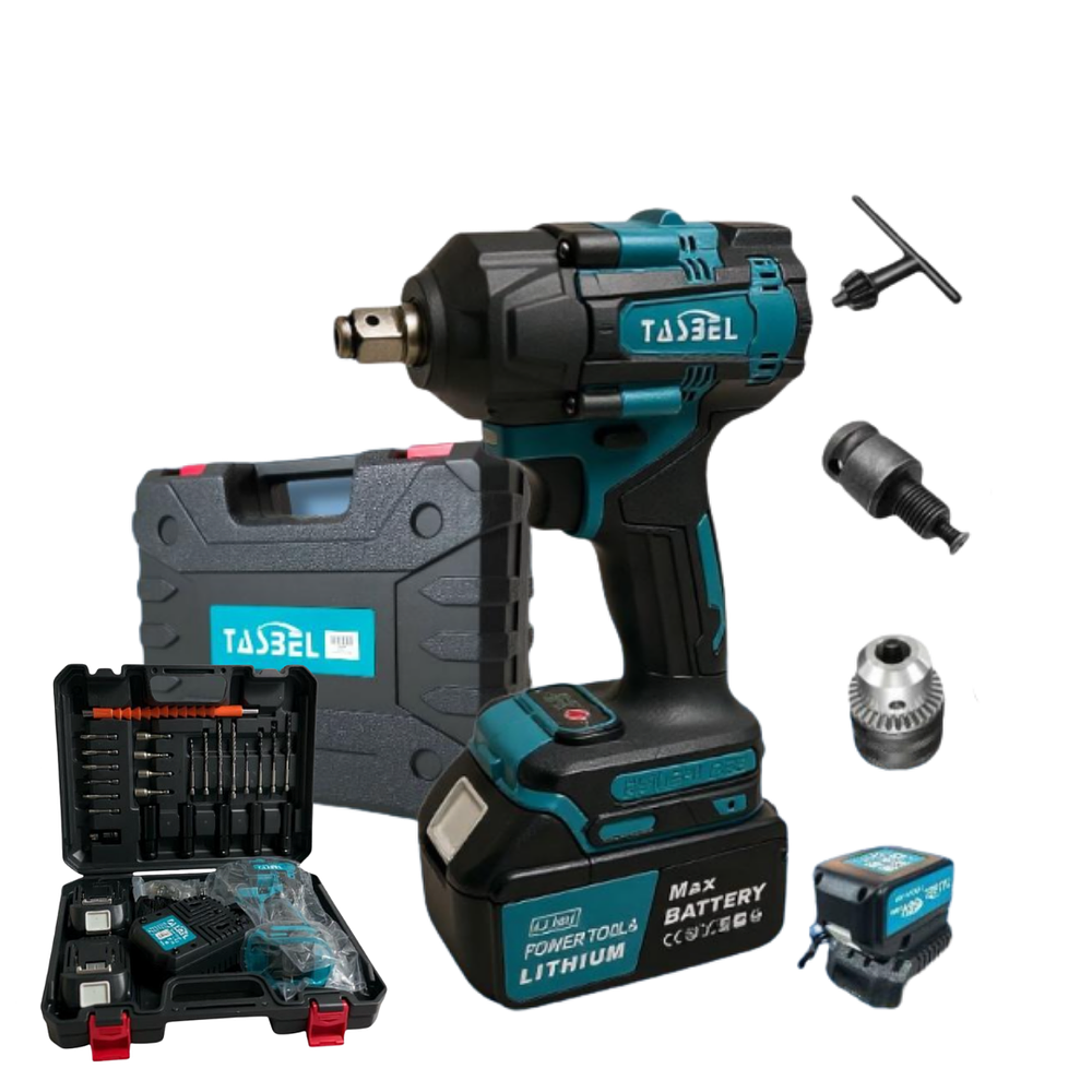 Taladro Llave de Impacto con Accesorios 98v con 2 Baterías + adaptador de Mandril para brocas