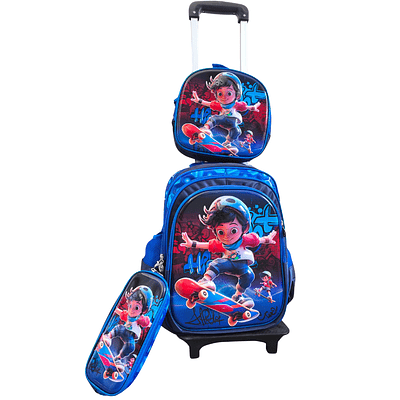 Mochila Con Ruedas + Accesorios Lonchera y Estuche 