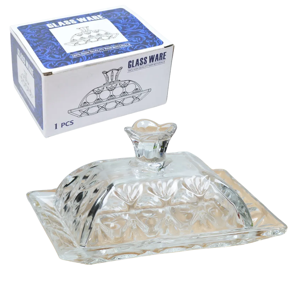 MANTEQUILLERA VIDRIO CON TAPA TEXTURADO 15.3 X 11.3 X 7 CM