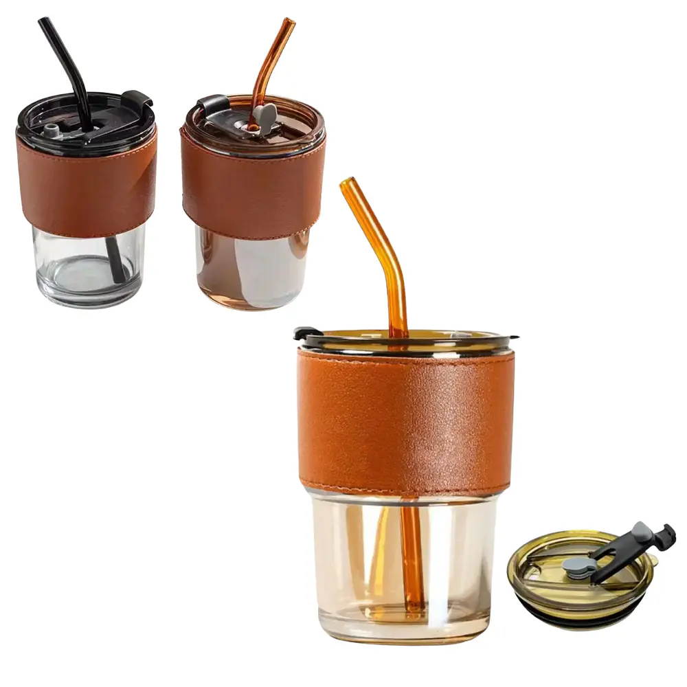 Vaso Portátil de Vidrio con Tapa Y Bombilla 