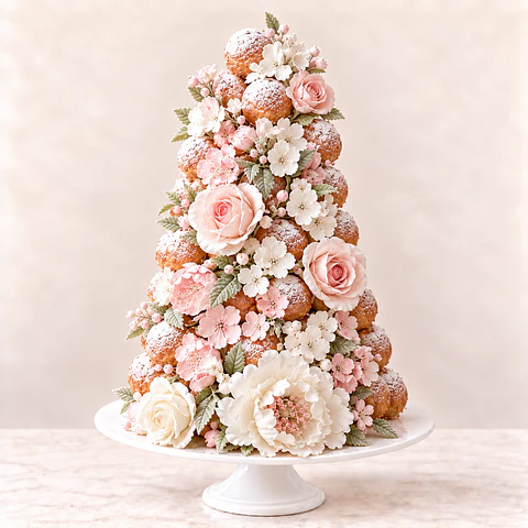 Croquembouche Flores Rosadas