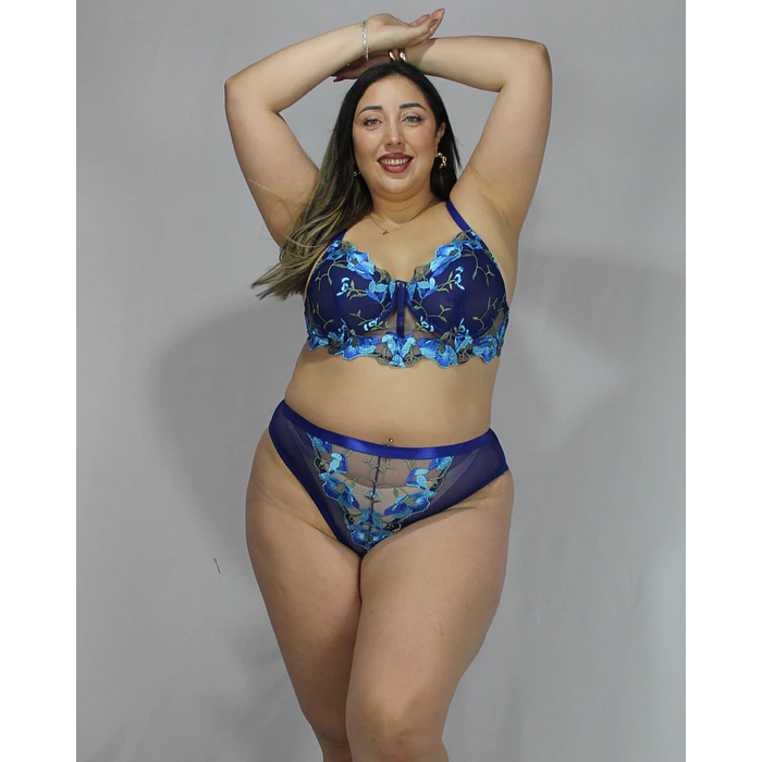 Conjunto de lencería plus size azul bordado floral sensual mujer  1