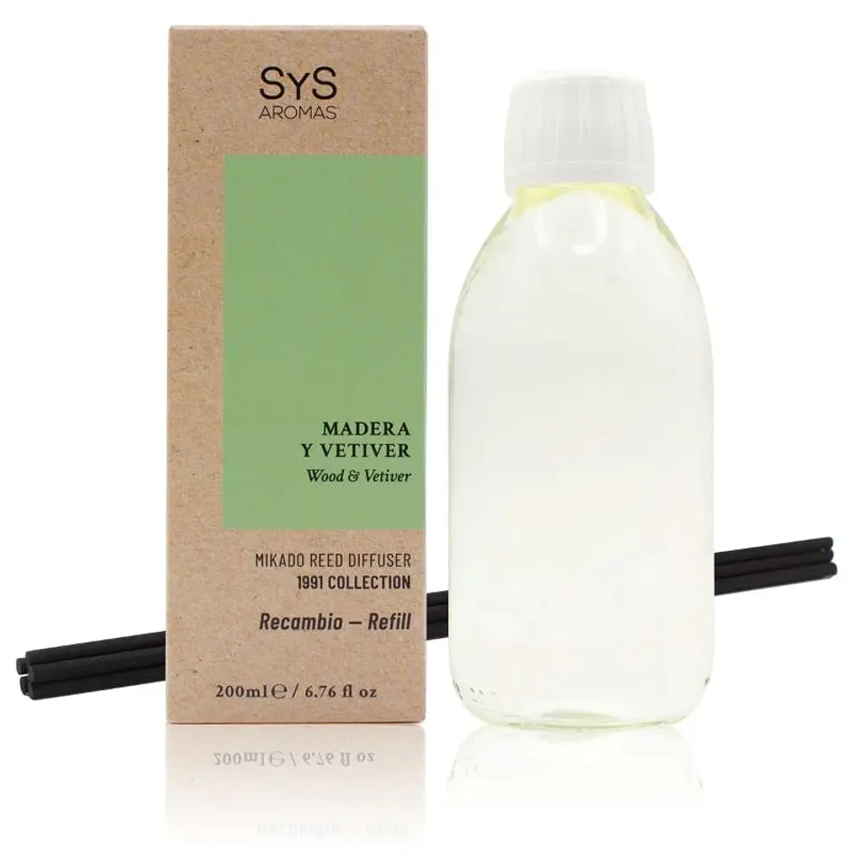 Recambio Mikado Madera y Vetiver 200 ml + Palos 1991 SYS Aromas 1