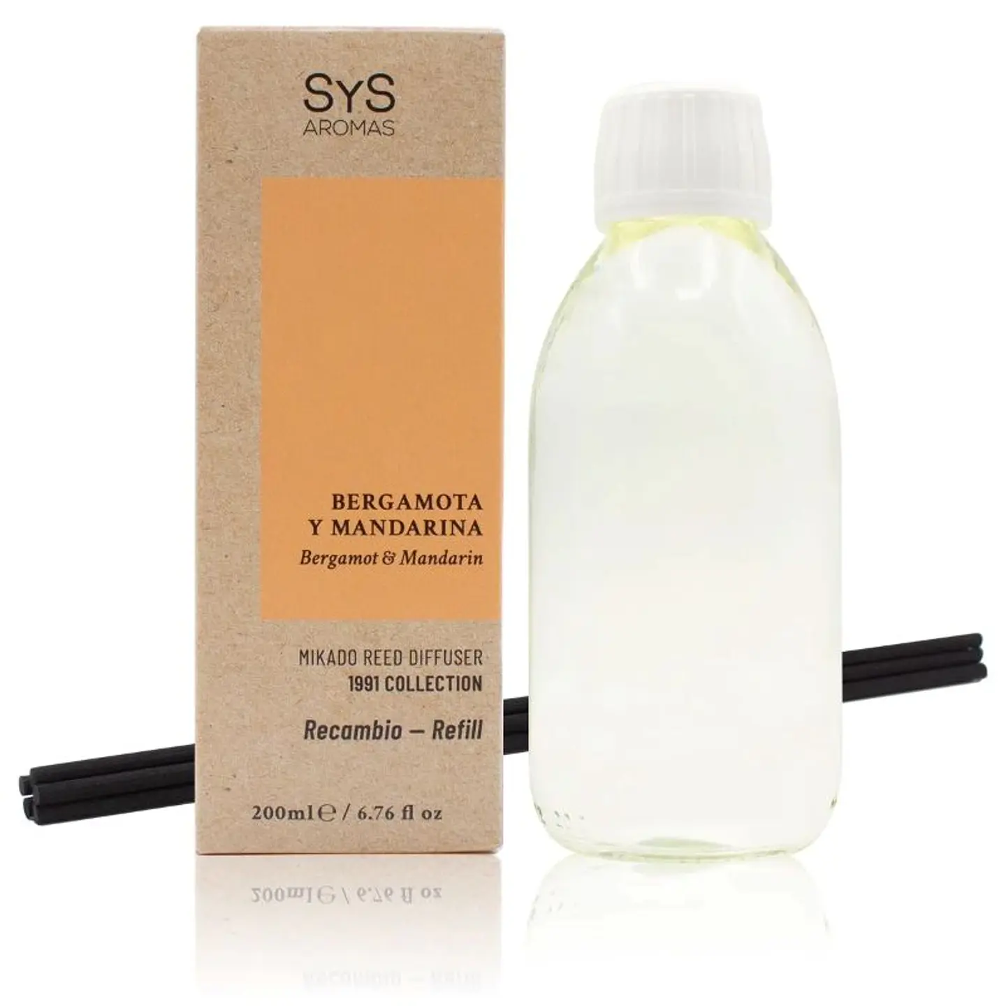 Recambio Mikado Bergamota y Mandarina 200 ml + Palos 1991 SYS Aromas 1