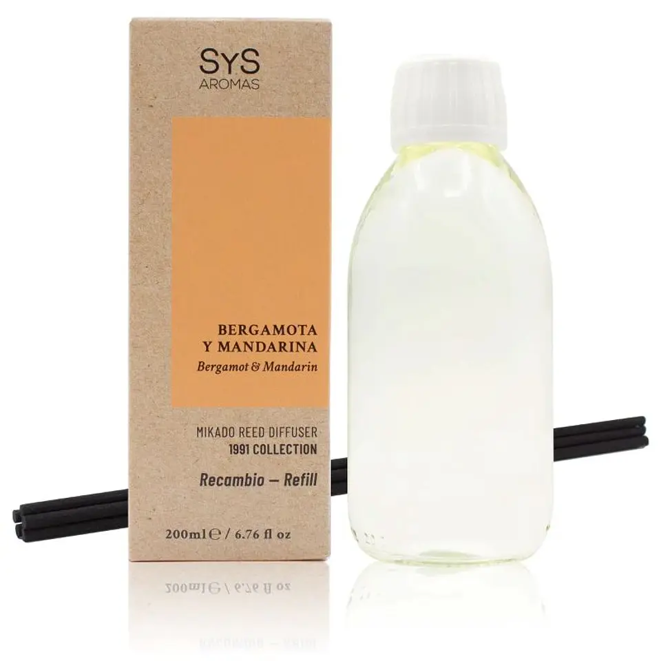 Recambio Mikado Bergamota y Mandarina 200 ml + Palos 1991 SYS Aromas 1