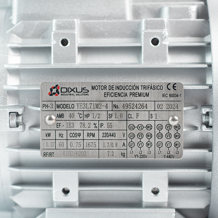 Motor Trifásico 1/2 HP (0.37 kW) 1800 RPM Carcasa Aluminio 71 B35 IEC IP55 IE3 5