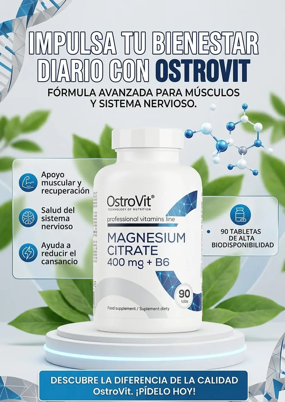 Magnesium Citrate 400 mg + B6 OstroVit | Recuperación, Sueño y Función Muscular (90 tabs) 2