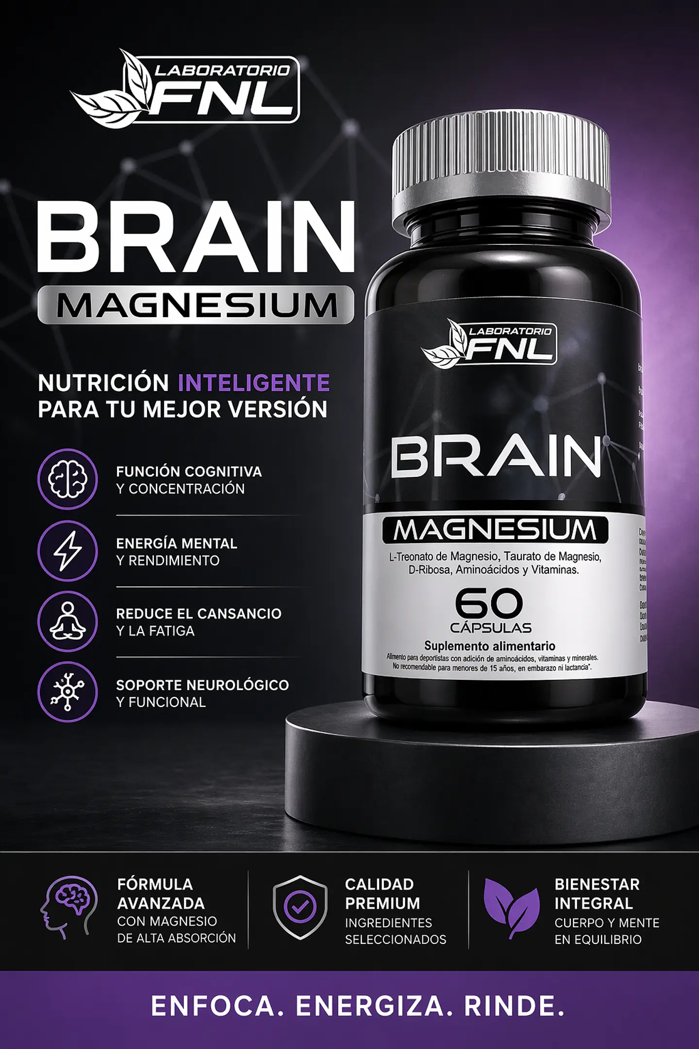 Brain Magnesium FNL 60 Cápsulas | Enfoque Mental, Memoria y Descanso 2