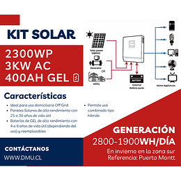 Kit Solar Mediano Plus 2,3kWp 3kWac 220Vac con Inversor/Cargador híbrido MPPT, Paneles Solares PERC y Banco de Baterías de 400Ah de alto rendimiento (kit ampliable hasta 4kWp)