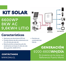 Kit Solar Litio 6,6kWp 8kWac 220Vac con Banco de Litio 9,6kWh, Inversor/Cargador híbrido MPPT y Paneles Solares Half-Cell (kit ampliable hasta 8kWp)