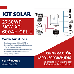 Kit Solar Mediano Plus 2,7kWp 3kWac 220Vac con Inversor/Cargador híbrido MPPT, Paneles Solares Half-Cell y Banco de Baterías de 600Ah de alto rendimiento (ampliable hasta 4kWp)