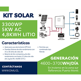 Kit Solar Litio 3,3kWp 5kWac 220Vac con Banco de Litio 4,8kWh, Inversor/Cargador híbrido MPPT y Paneles Solares Half-Cell (ampliable hasta 5kWp)