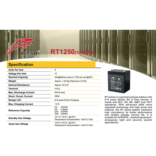 Batería 12V 5Ah Ciclo Profundo AGM (eq. GEL *) RT1250 Ritar