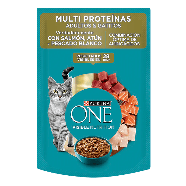 SOBRE PURINA ONE GATO CON SALMON ATÚN Y PESCADO BLANCO 85 G 