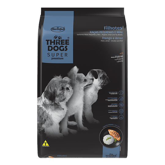 Three Dogs Súper Premium Cachorros Razas Pequeñas Pollo y Arroz 10,1 kg