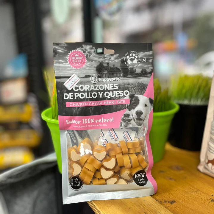 SNACK CORAZONES DE POLLO Y QUESO HAPPYPETS, 100 grs. 1