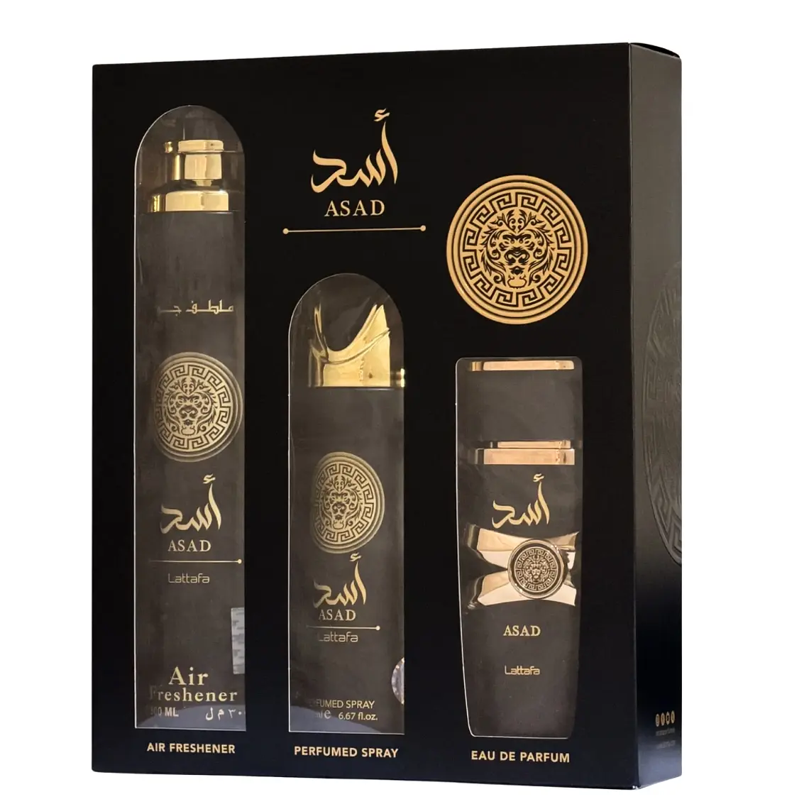 Lattafa Asad Eau de Parfum 100ml + Air Freshner 300 ml + Perfumed Spray 200ml 1
