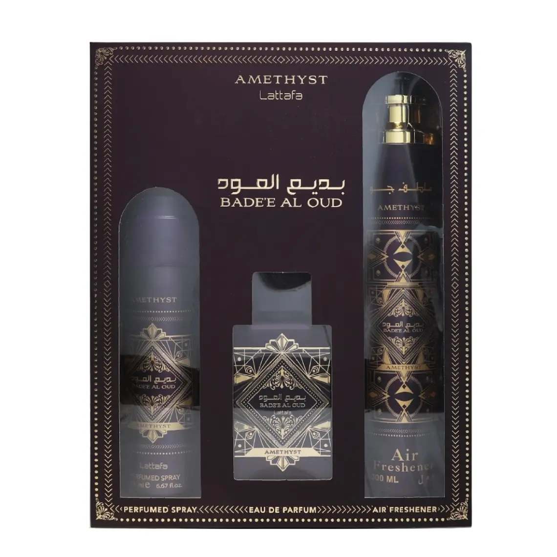 Lattafa Bade'e Al Oud Amethyst Unissexo Eau de Parfum 100ml + Air Freshner 300 ml + Perfumed Spray 200ml 1