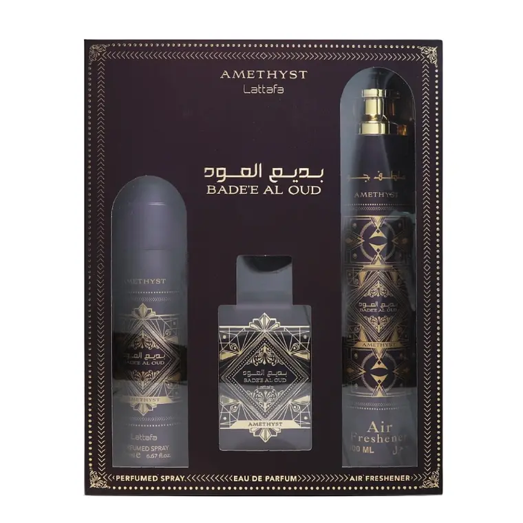 Lattafa Bade'e Al Oud Amethyst Unissexo Eau de Parfum 100ml + Air Freshner 300 ml + Perfumed Spray 200ml 1