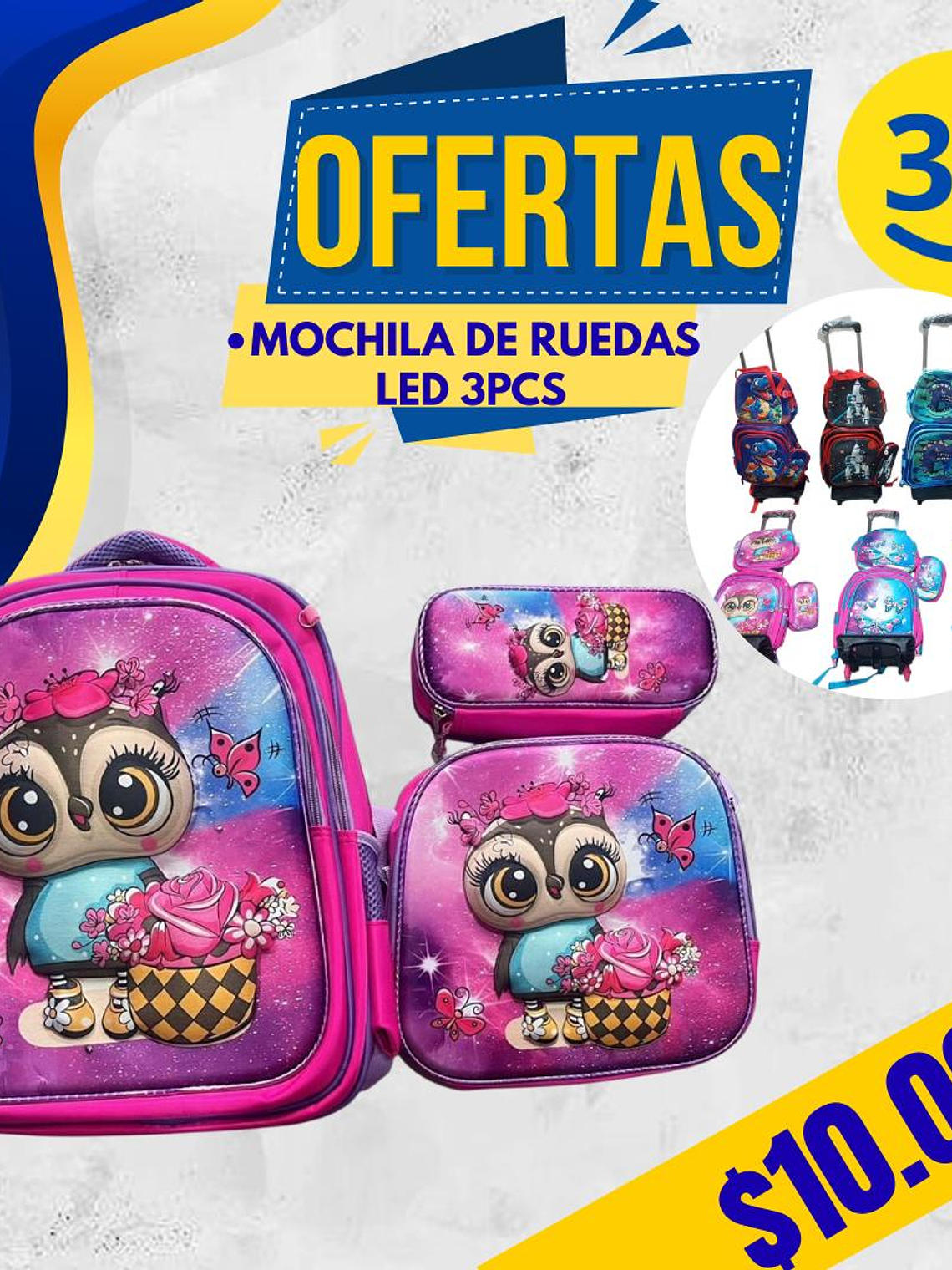 MOCHILA DISEÑO 3D LED CON RUEDA 3PCS  1