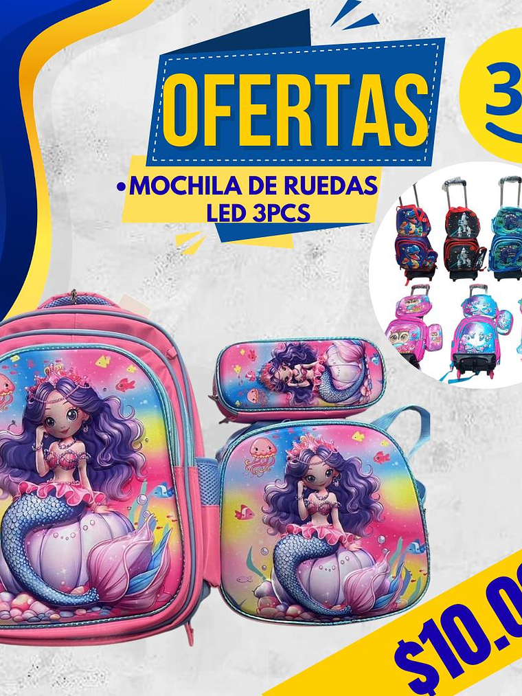 MOCHILA DISEÑO 3D LED CON RUEDA 3PCS  3