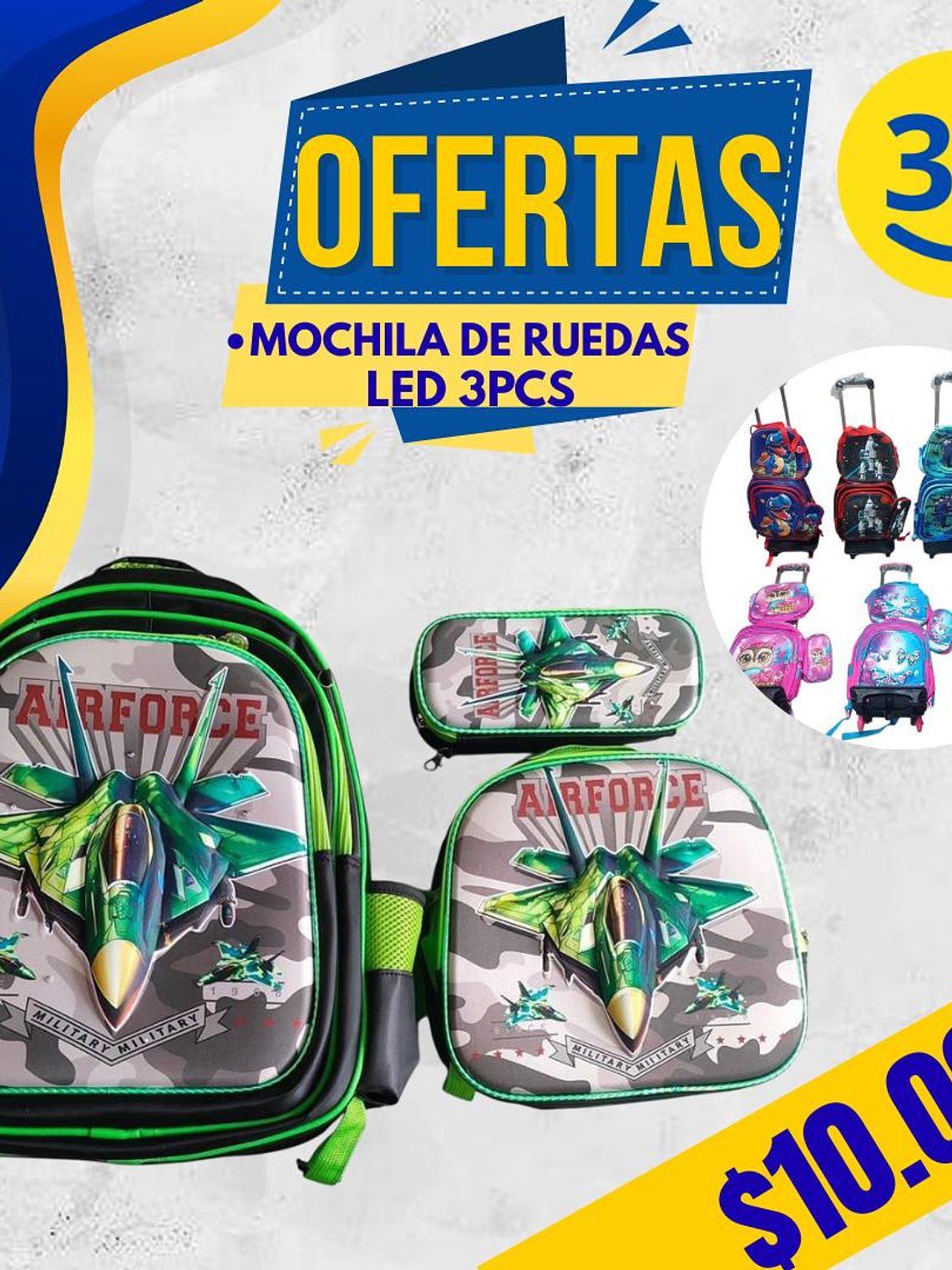 MOCHILA DISEÑO 3D 3PCS LED CON RUEDA 2