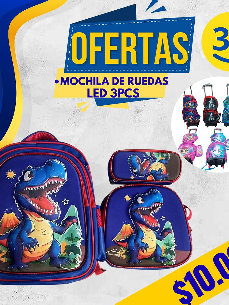 MOCHILA DISEÑO 3D 3PCS LED CON RUEDA 4