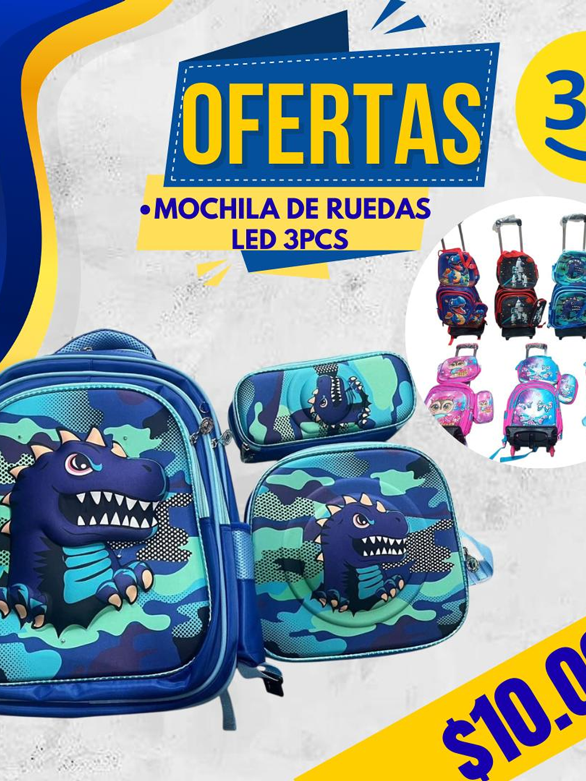 MOCHILA DISEÑO 3D 3PCS LED CON RUEDA 5