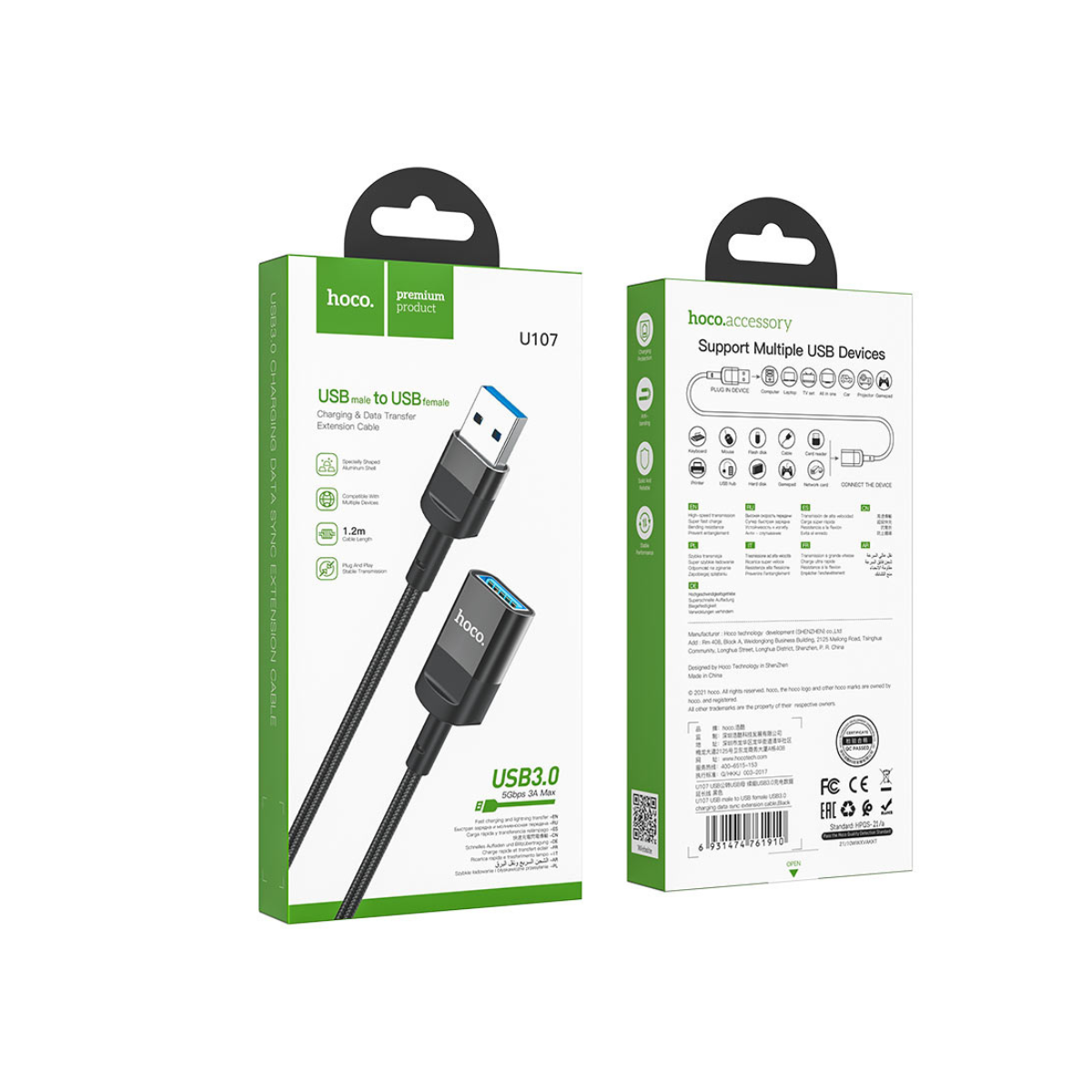 EXTENSOR USB HOCO 107 NEGRO