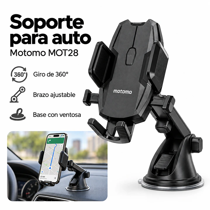 Soporte Celular para Auto - Parabrisas y Tablero Negro Motomo MOT28 2