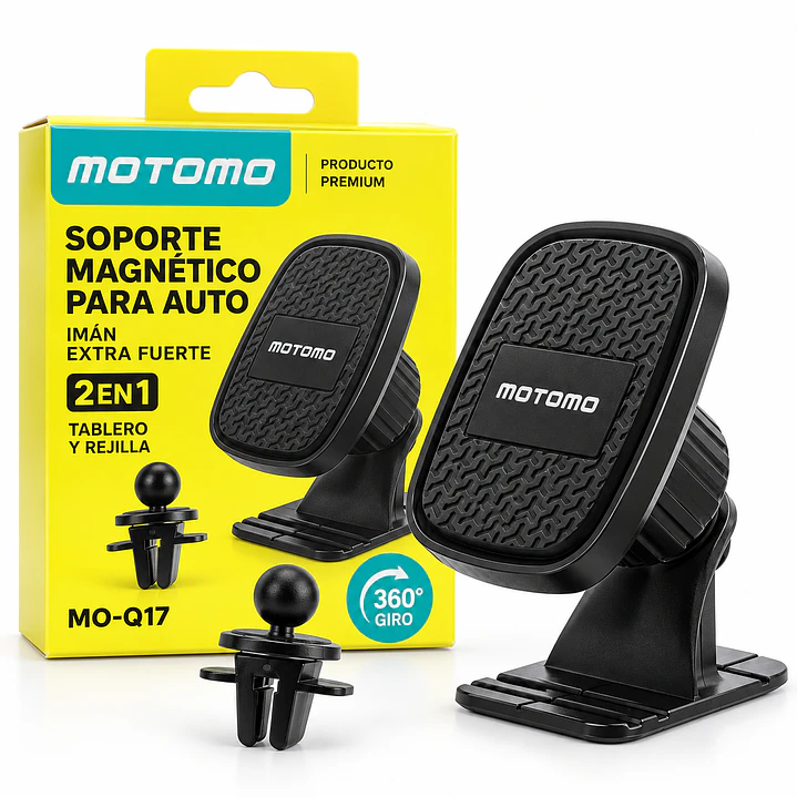 Soporte Magnético para Celular Auto Motomo MO-Q17 2 en 1 Giro 360° Negro 1