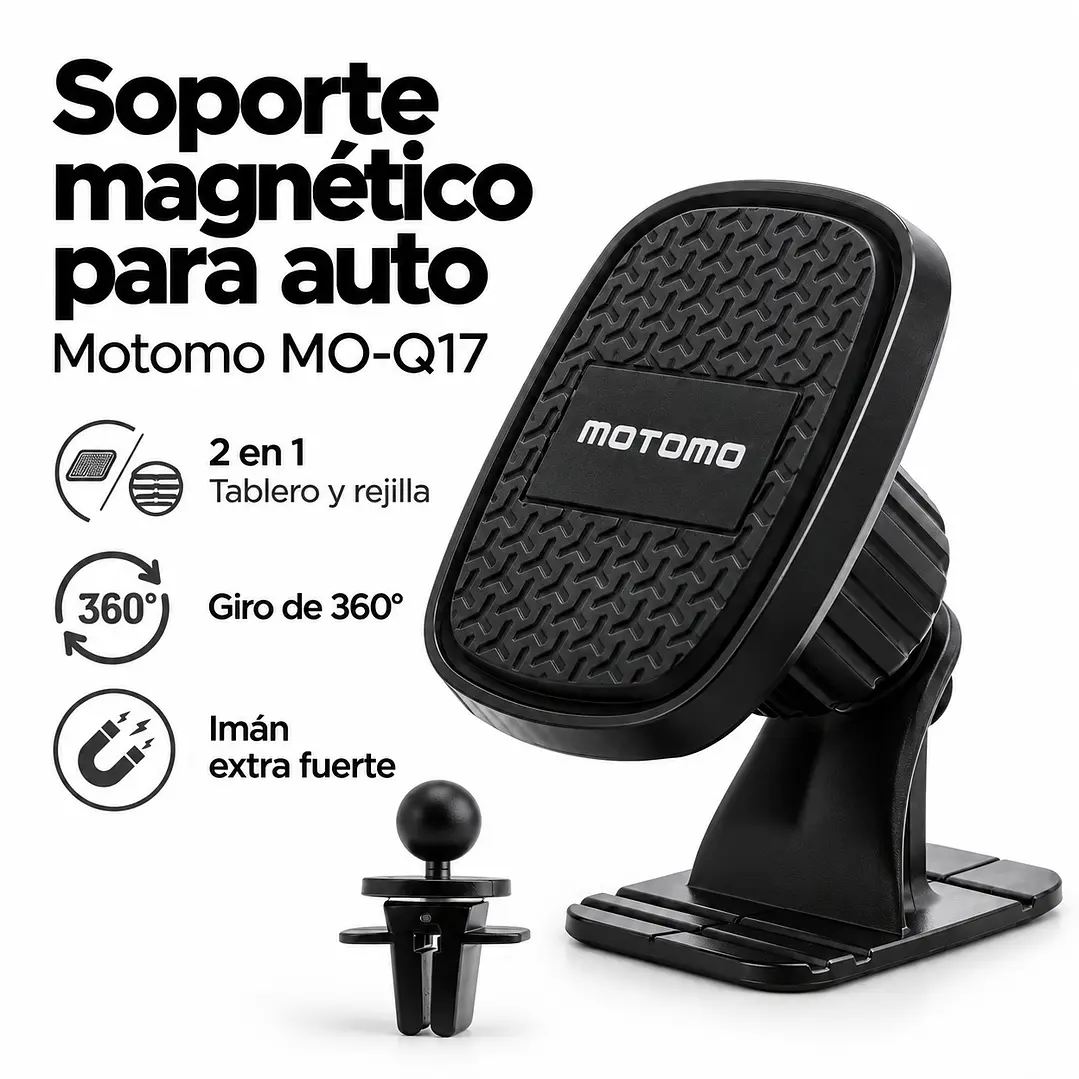 Soporte Magnético para Celular Auto Motomo MO-Q17 2 en 1 Giro 360° Negro 2