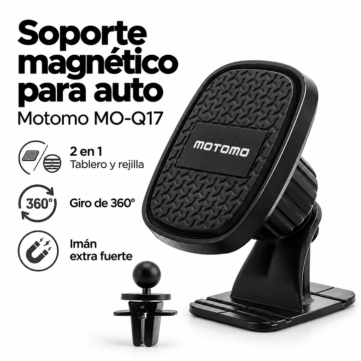 Soporte Magnético para Celular Auto Motomo MO-Q17 2 en 1 Giro 360° Negro 2