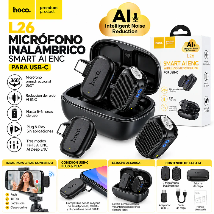 Microfono Inalambrico HOCO L26 con Reducción de Ruido Tipo C 3