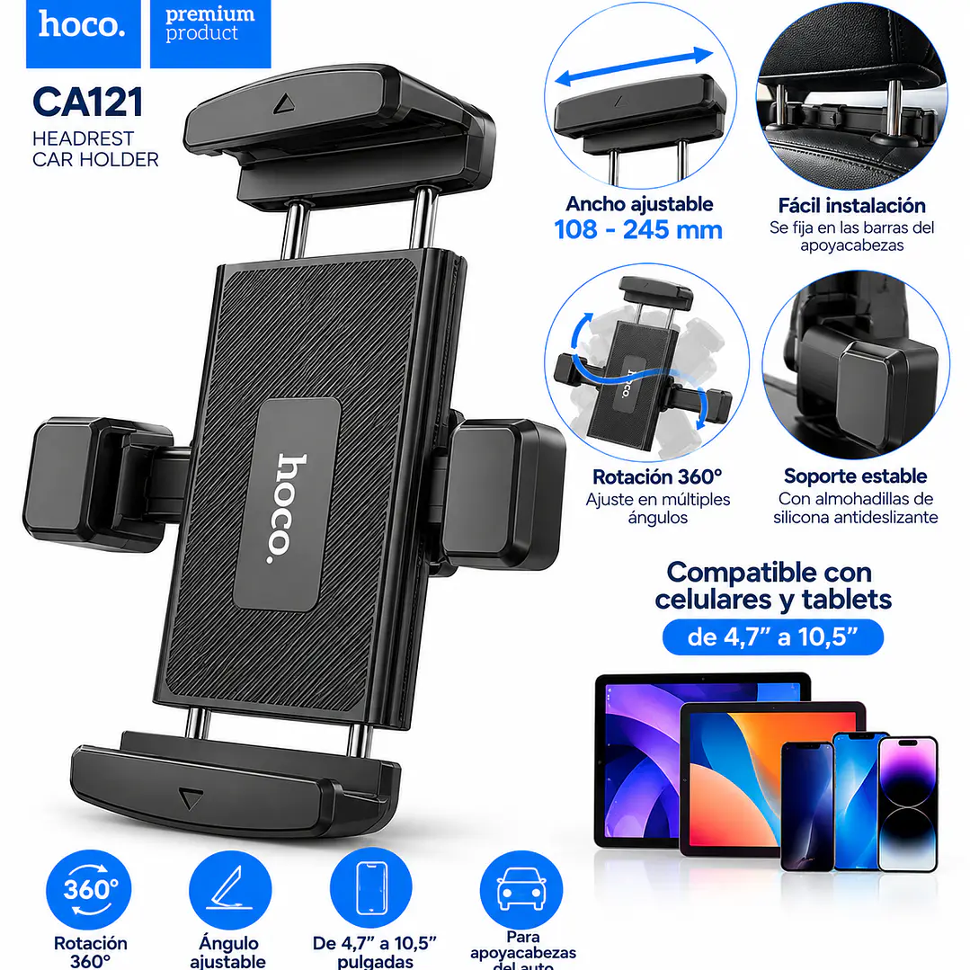 Soporte Cabecera de Auto compatible con Tablet Negro Hoco CA121 3