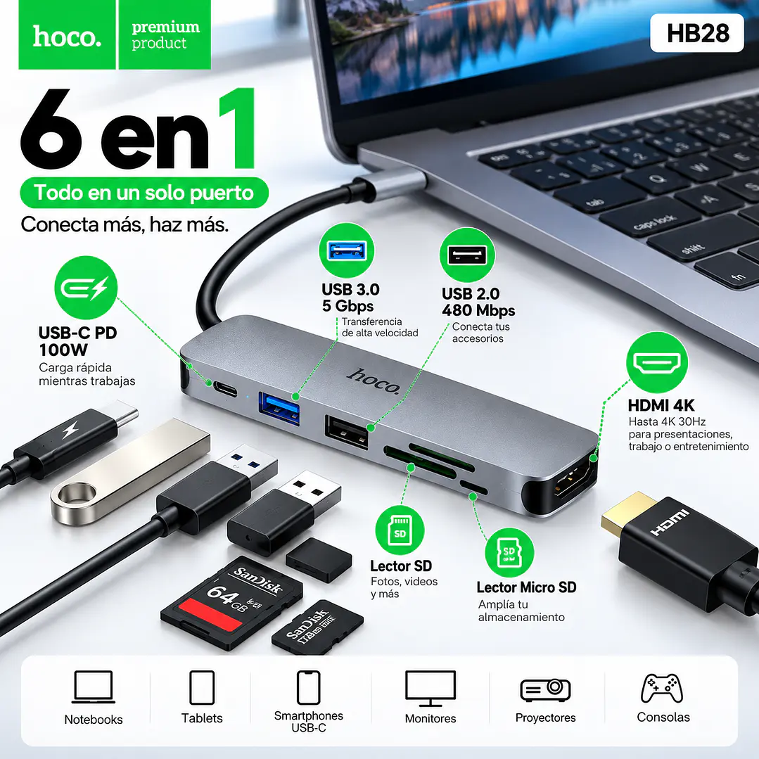 Hub USB-C Hoco HB28 6 en 1 – HDMI 4K, USB 3.0, SD, Micro SD y Carga PD 100W 2