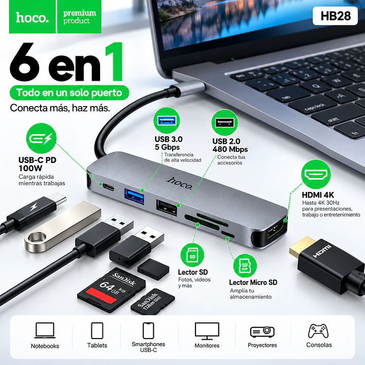 Hub USB-C Hoco HB28 6 en 1 – HDMI 4K, USB 3.0, SD, Micro SD y Carga PD 100W 2